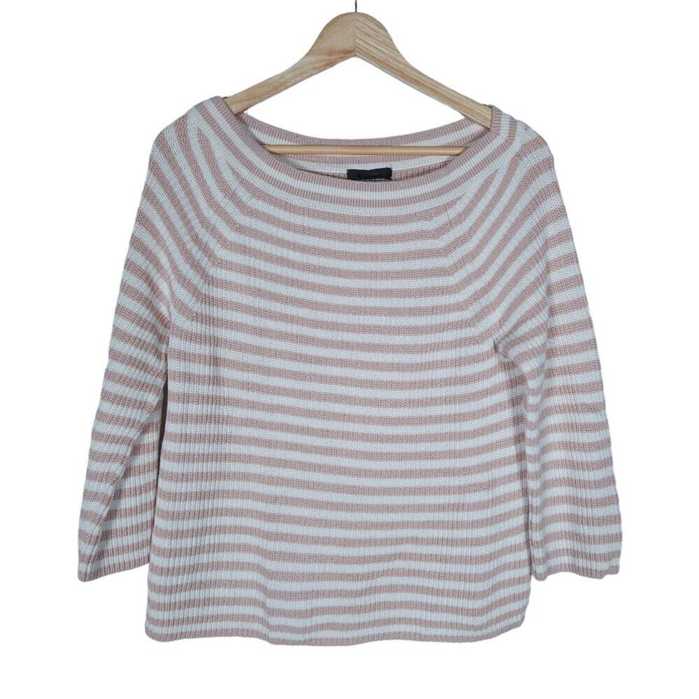 J. Crew Womens Sweater Small Beige Pink White Striped Relaxed Boatneck Pullover